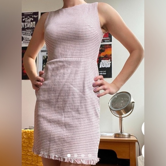 LOFT Pink and Black Houndstooth Sleeveless Fringe Bottom Dress Size 8 EUC - Picture 1 of 6